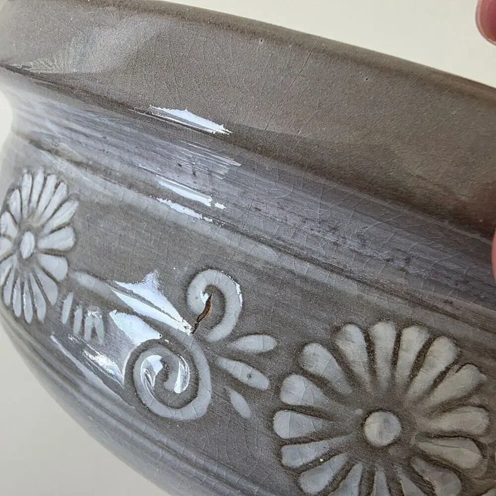Vintage Handcrafted Ceramic Casserole Dish w Lid Gray Embossed Floral Rustic